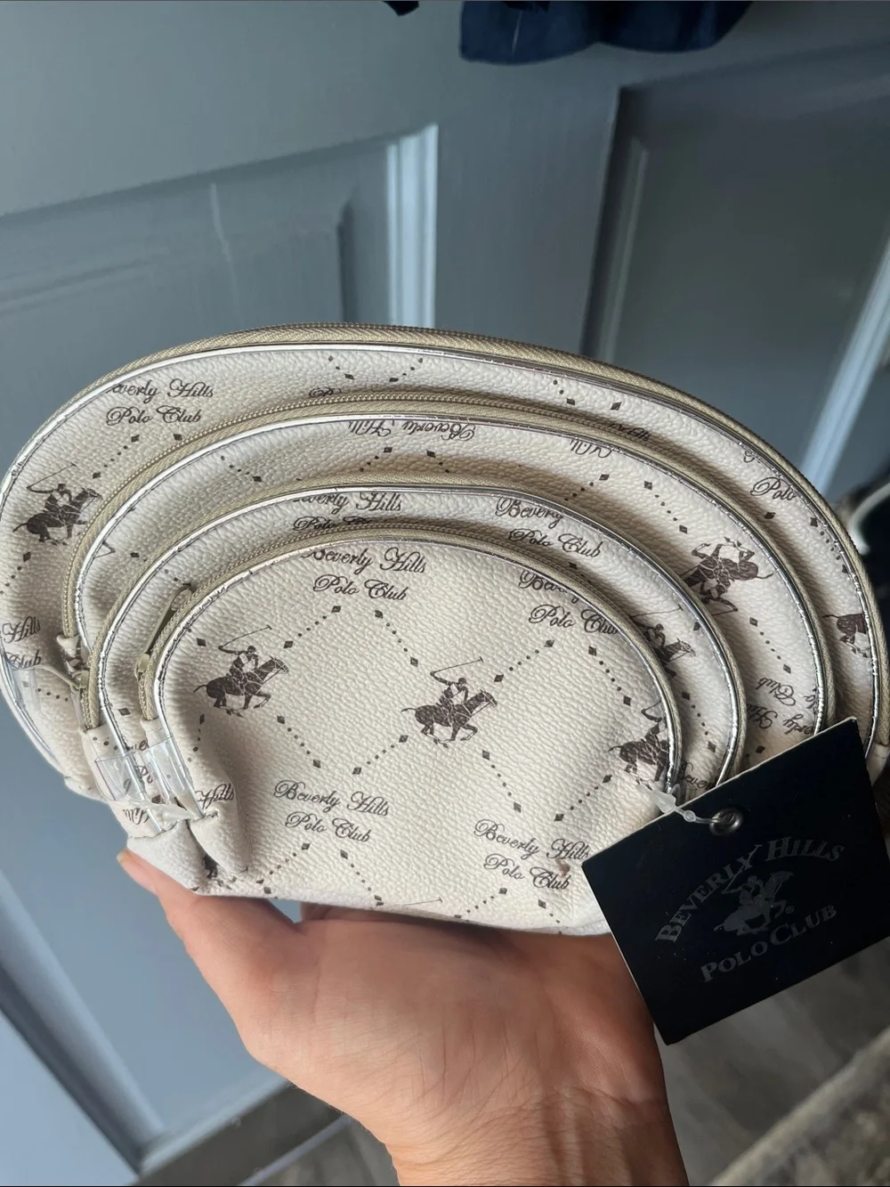 Beverly Hills Polo Club Cream and Black Logo Cosmetic Pouch Set Giftable